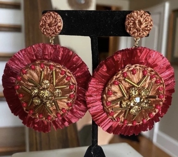J. Crew Jewelry - J.Crew Red Raffia Statement Earrings Beaded Crystal Fringe Boho Glam Resort